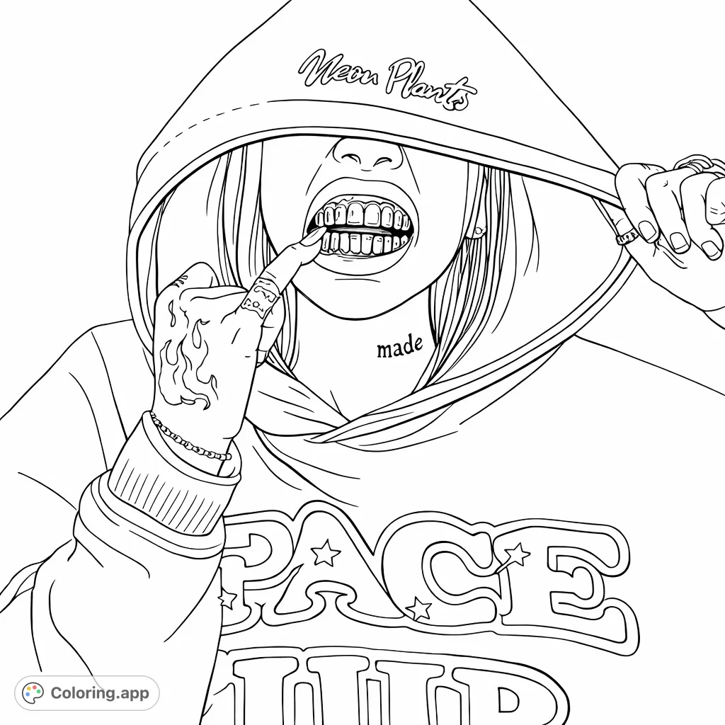 Expressive portrait of a hooded figure showcasing unique dental jewelry, intricate tattoos, and bold apparel. A trendy, detailed urban style coloring page.