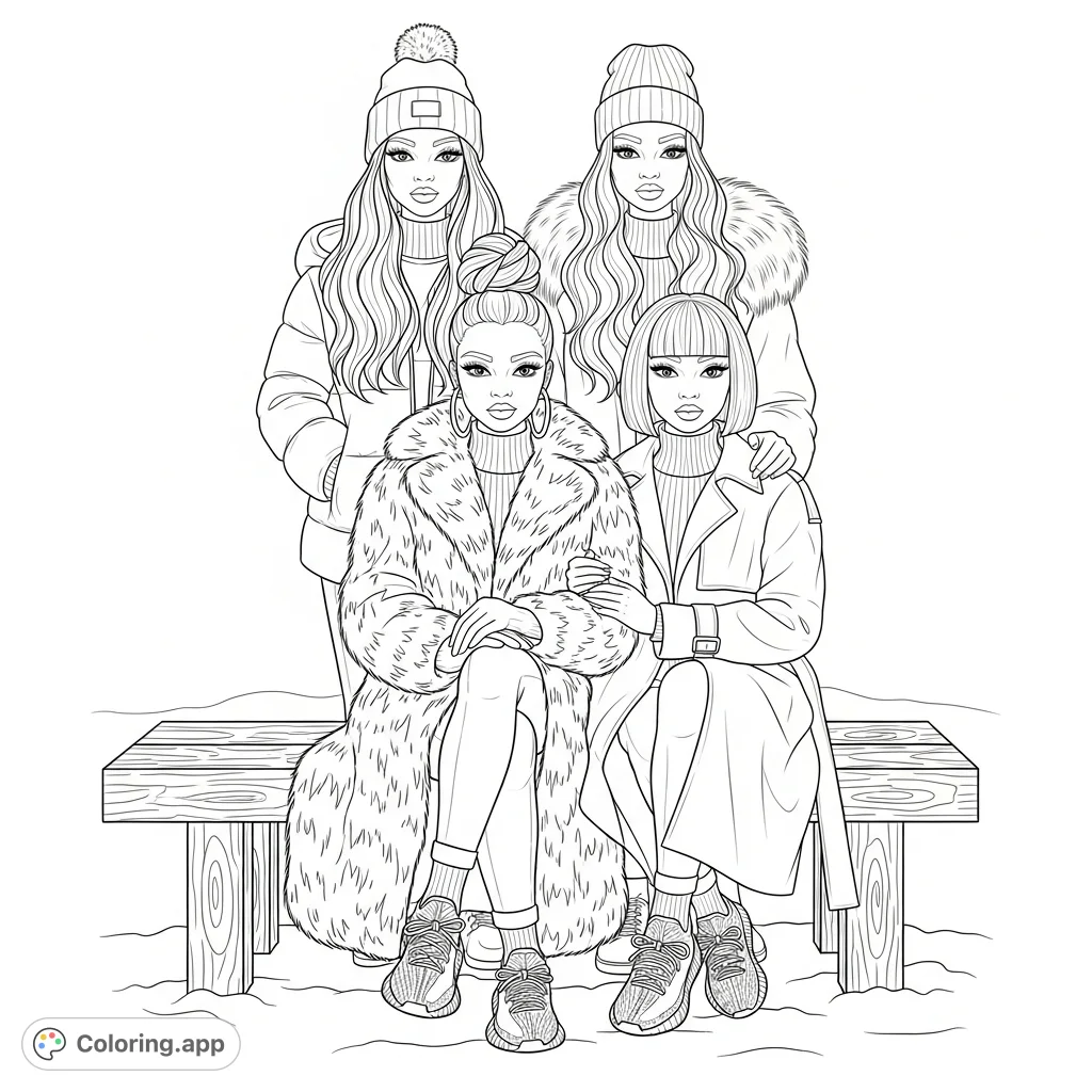 Four stylish sisters pose in a serene winter garden, showcasing unique fashion and strong bonds on a rustic bench amidst snow. A beautiful scene to color!