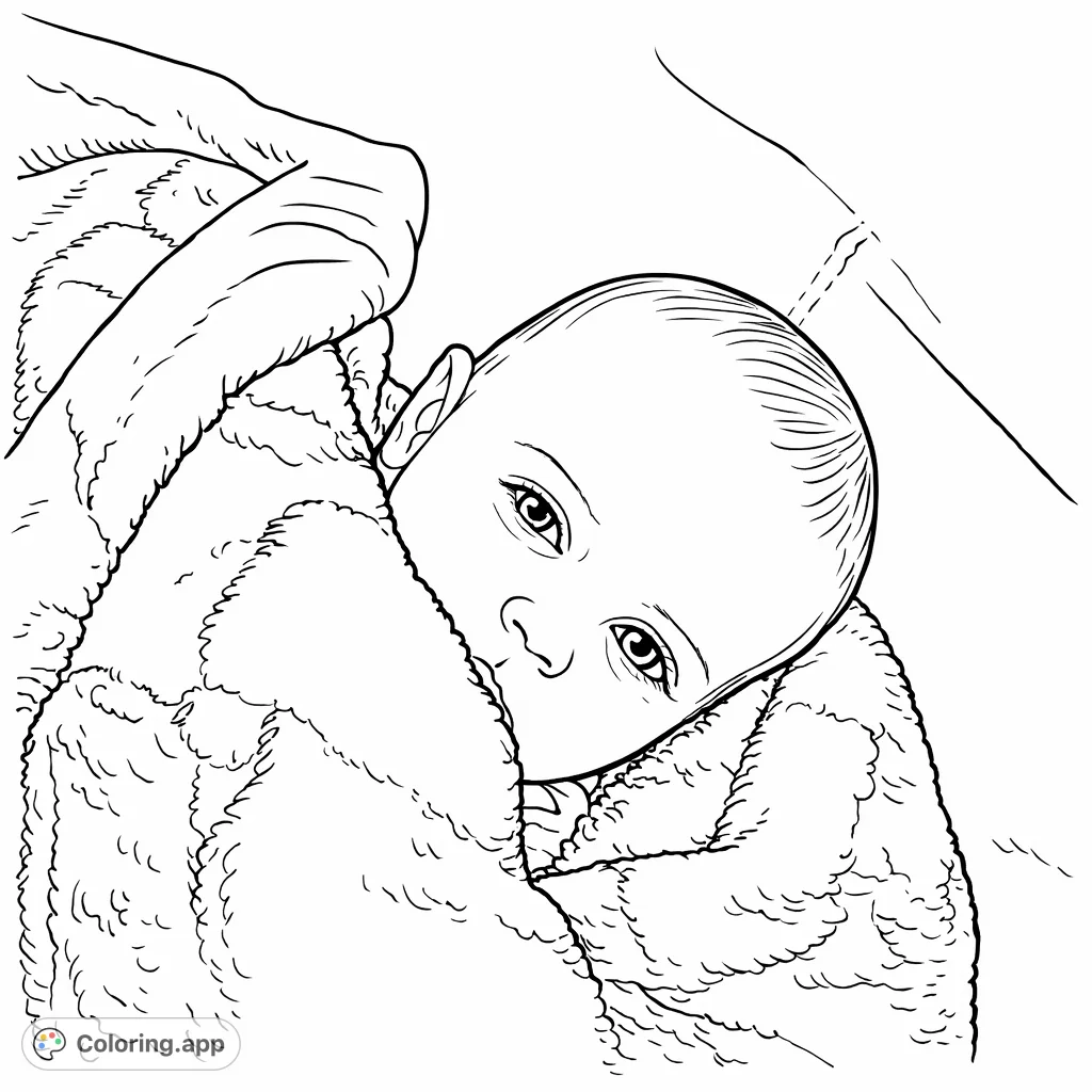 An adorable baby nestled snugly in a patterned blanket, resting on a soft surface. This sweet infant scene is perfect for cozy coloring fun.