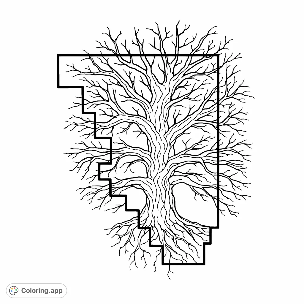 Explore a unique abstract tree design within a geometric outline, perfect for creative coloring. A pixelated boundary frames an intricate, sprawling tree.