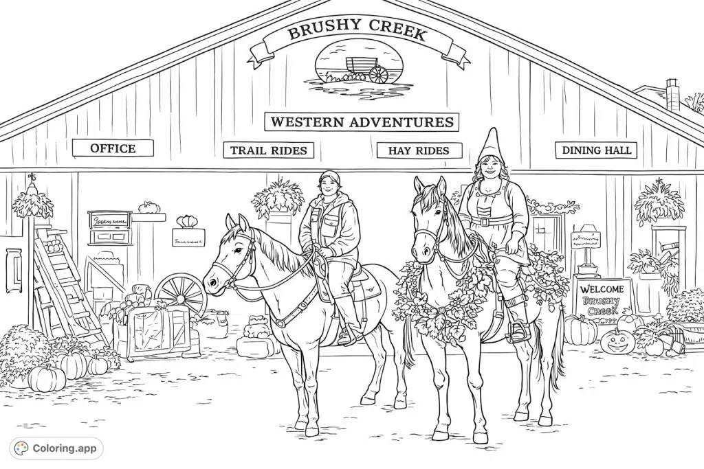 Two whimsical riders on horses, one in a gnome costume, stand before a rustic lodge adorned with autumn decor, perfect for a detailed coloring session.
