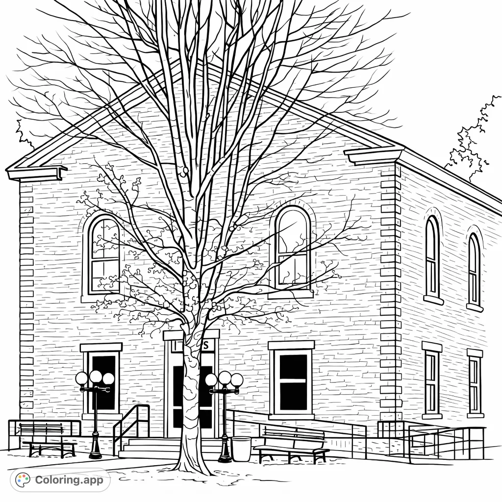Colorable Building Drawing Historic Gabled Brick Building - Coloring.app