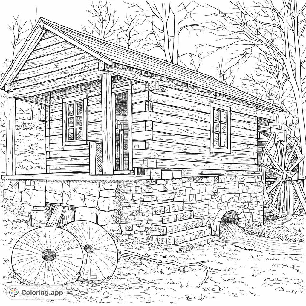A detailed rustic log cabin water mill, complete with a large turning wheel, flowing stream, and ancient millstones, nestled in a natural, wooded setting.