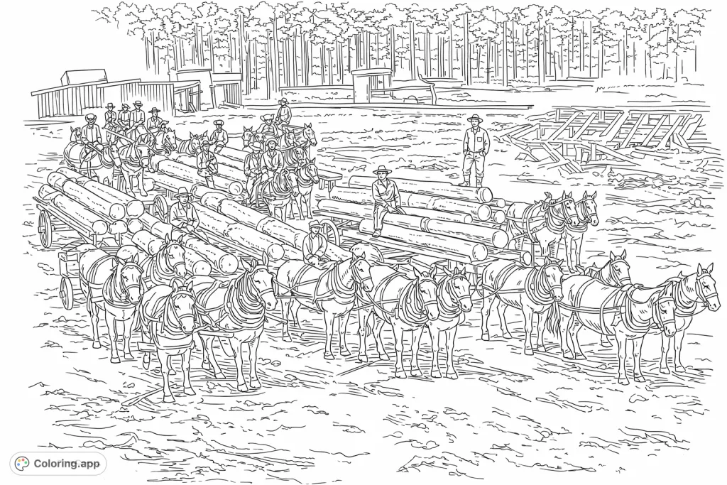 A detailed logging scene with teams of horses and mules pulling timber logs, alongside workers. Perfect for historical and detailed coloring.