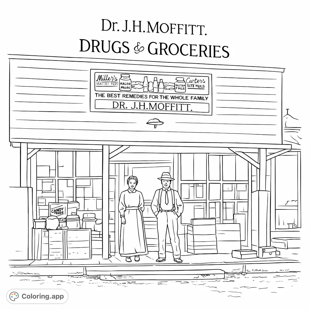 Step back in time with this charming vintage general store coloring page, featuring a historic storefront, shoppers, and classic advertising signs.
