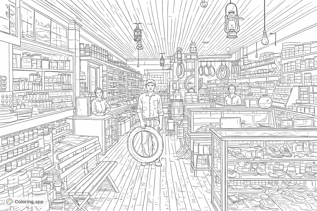 Explore a detailed old general store coloring page, featuring a proprietor and shelves packed with historical merchandise, offering a nostalgic journey.