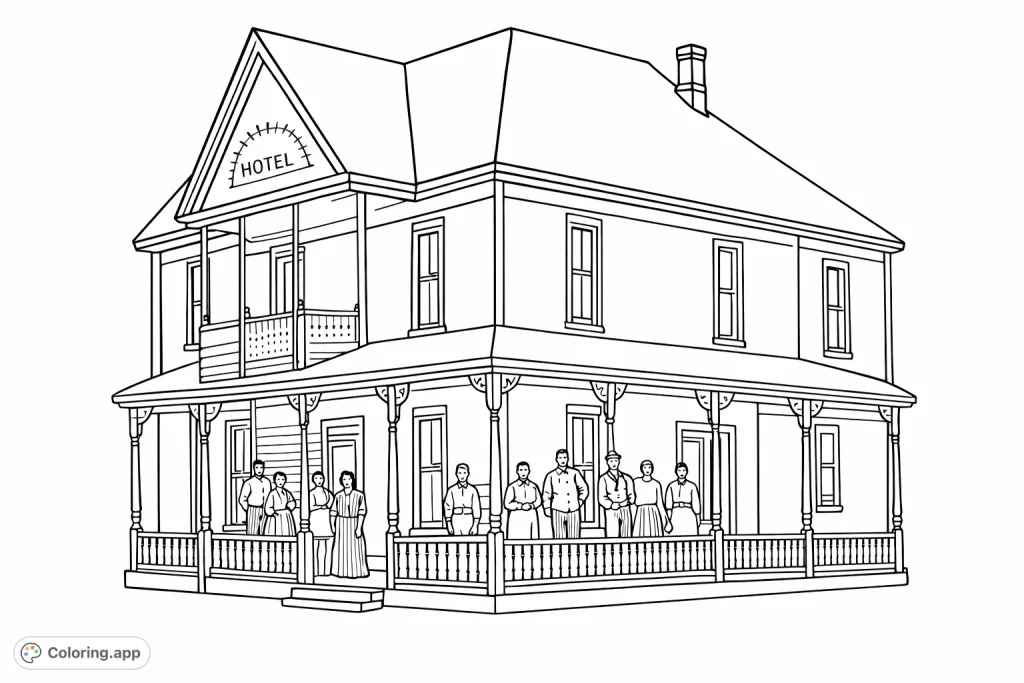 Color a detailed vintage hotel facade with people on its grand balcony. Explore historical architecture and period attire in this charming scene, perfect for history enthusiasts.
