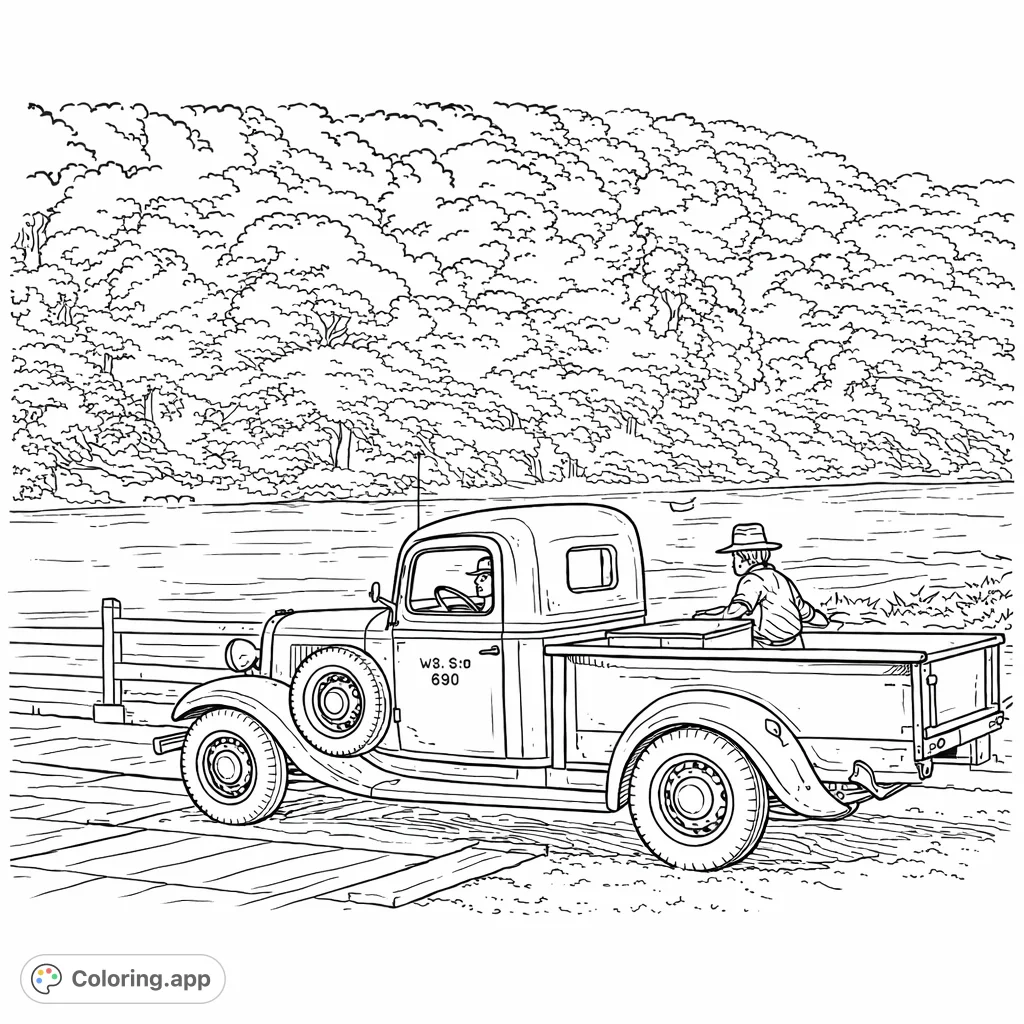 Experience a classic scene with a vintage pickup truck parked riverside, featuring two figures and a backdrop of dense forest. A charming rustic transport coloring page.