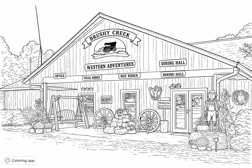 Explore a rustic Western lodge with charming details, wagon wheels, and seasonal decor. Perfect for a detailed coloring adventure!