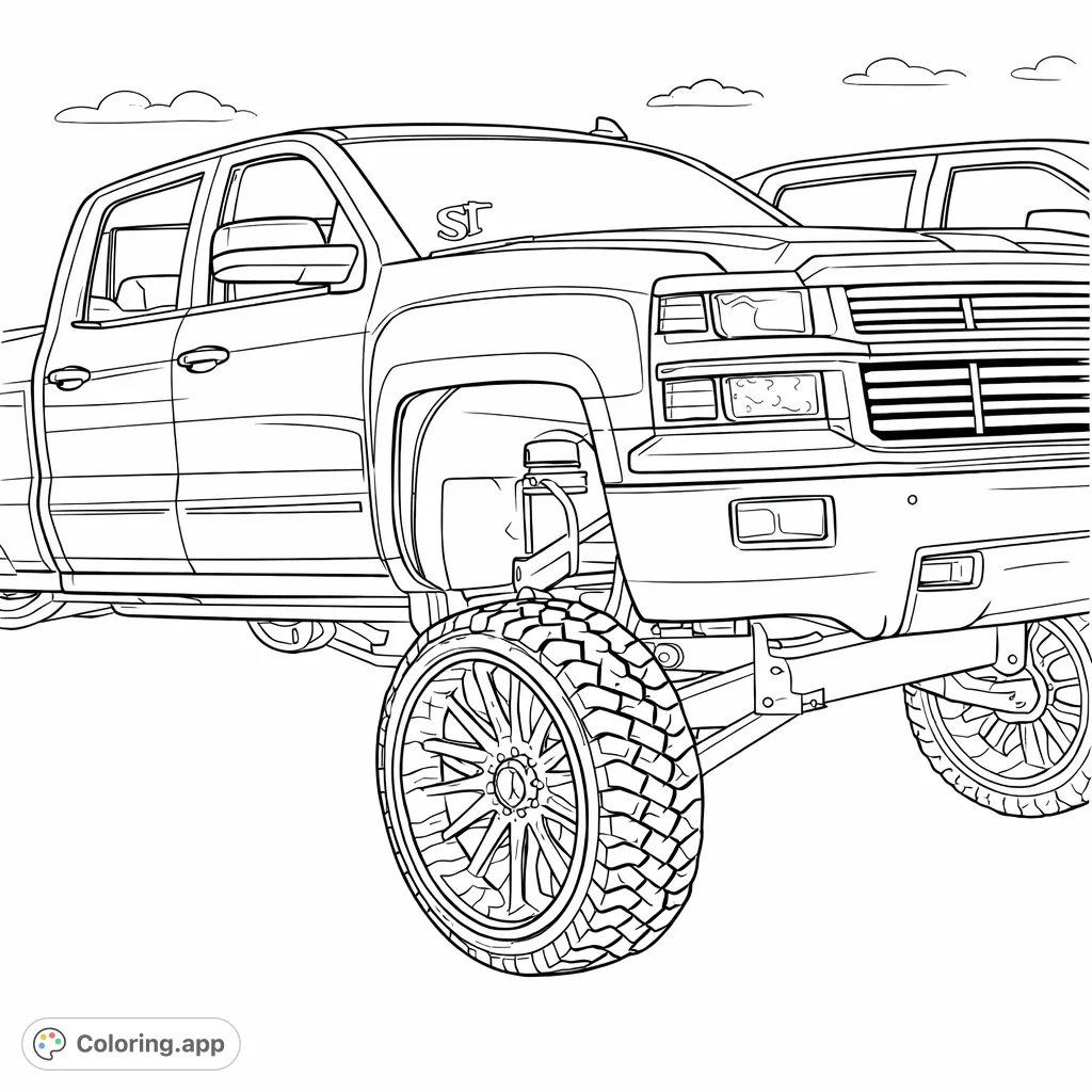 Color a powerful lifted pickup truck with massive tires and intricate custom wheels. Perfect for truck enthusiasts to personalize with unique designs and rugged details.