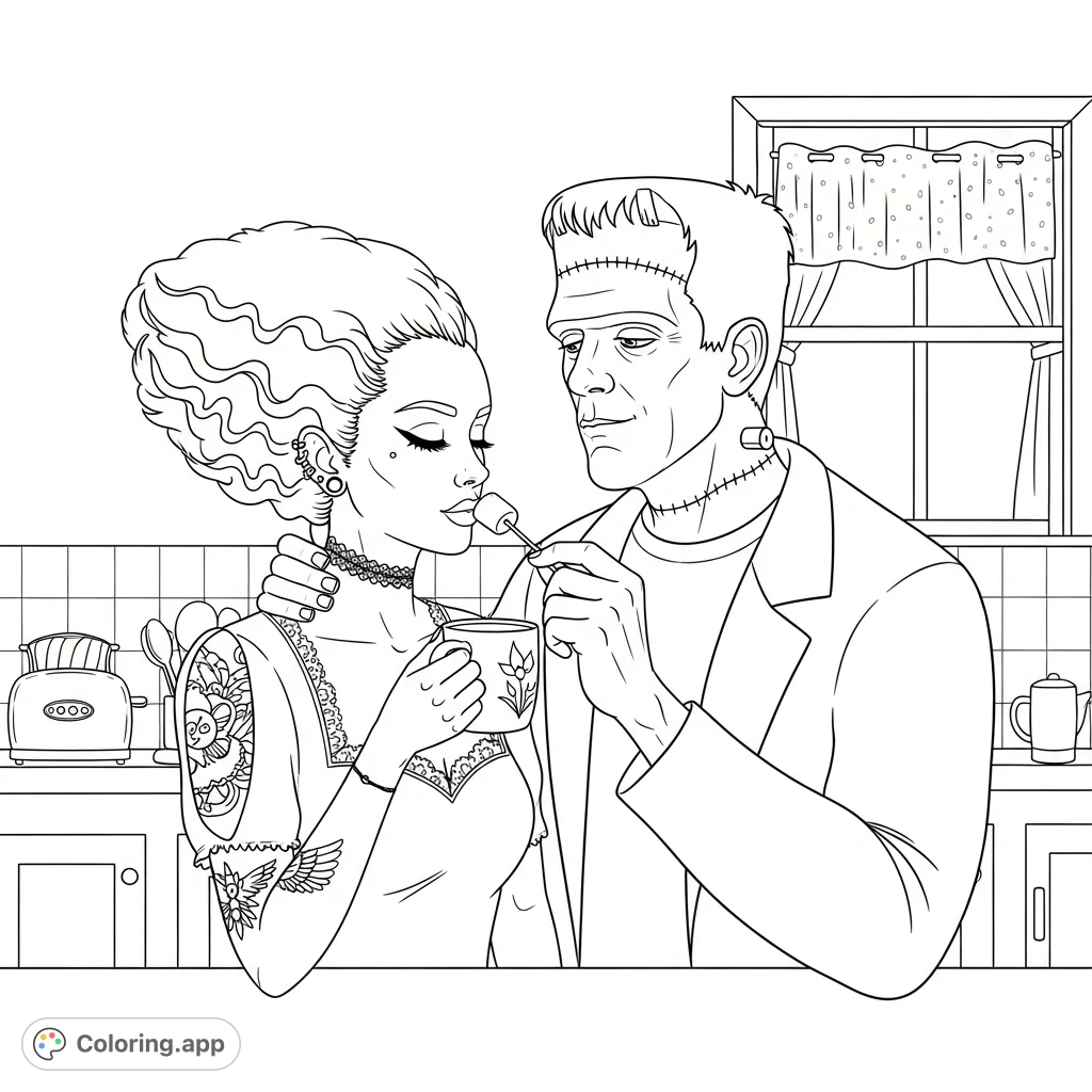 A unique Gothic romance with Frankenstein and his Bride sharing a cozy kitchen moment. Features subtle punk details, intimate poses, and a charming, playful aesthetic.