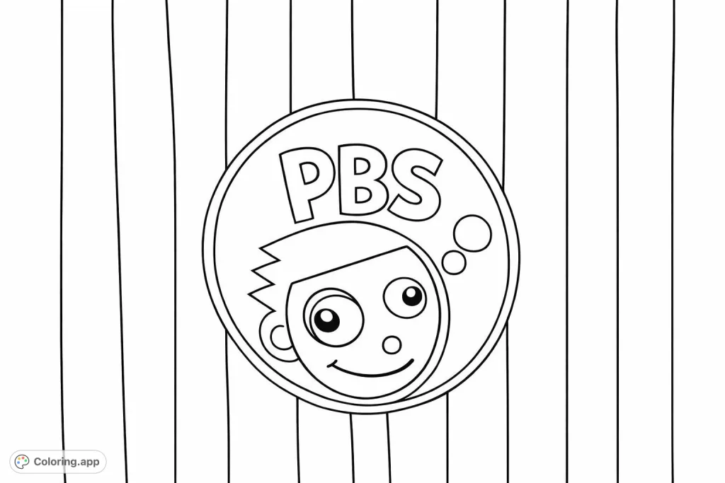 A fun PBS Kids character emblem featuring a friendly face, thought bubbles, and bold vertical stripes, perfect for young fans to color.