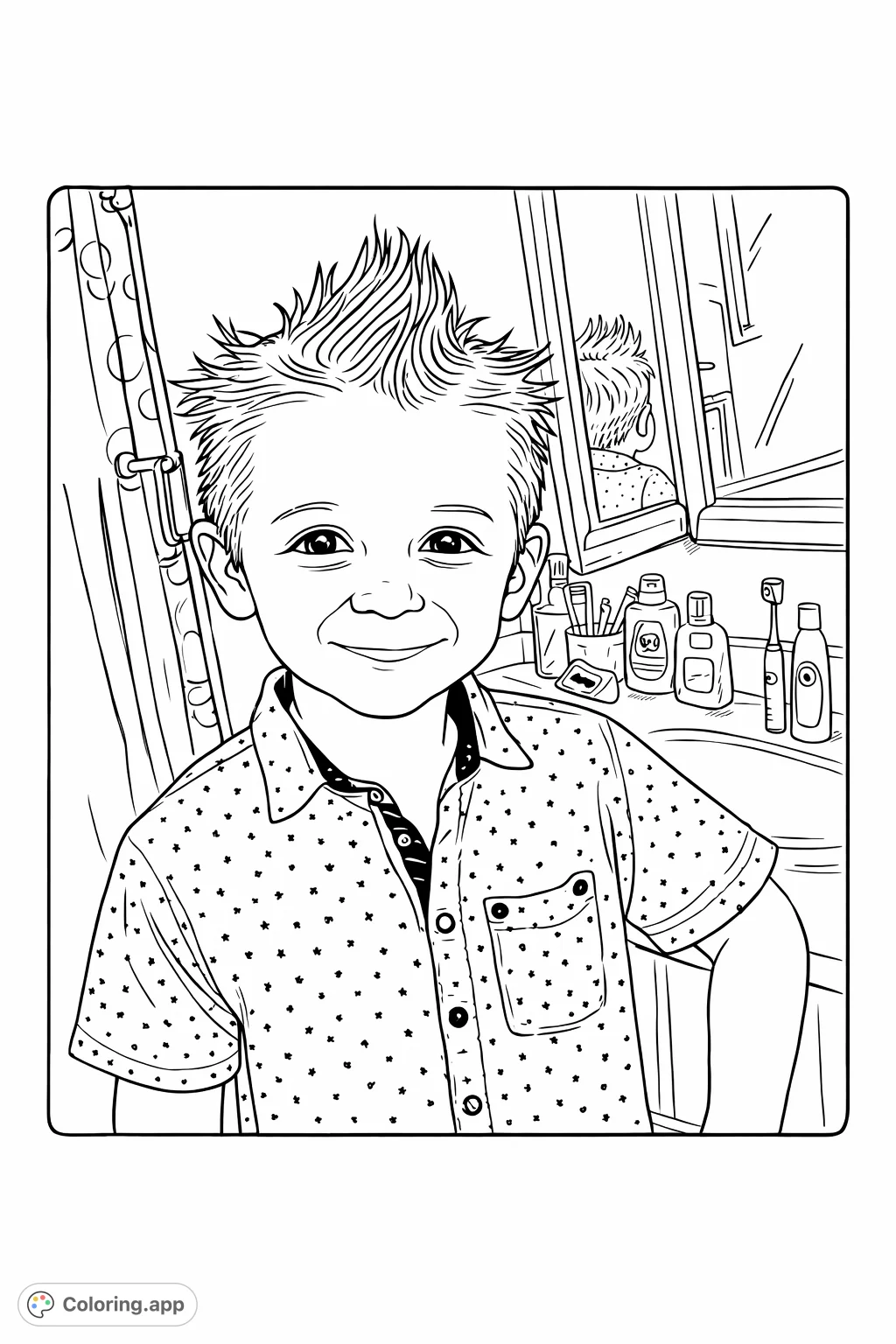 A cheerful child with a striking spiky hairstyle and a dotted shirt is ready for a vibrant makeover. This fun haircut coloring page offers bold outlines and details for all ages!