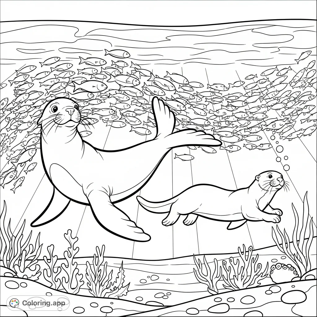 Dive into an enchanting underwater world featuring a graceful sealion, a playful otter, and a mesmerizing shoal of fish. A serene aquatic adventure awaits your creative touch.