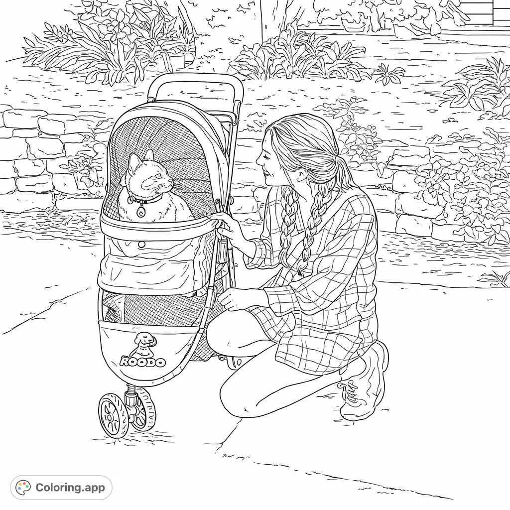 A heartwarming scene of a person interacting with their cherished cat in a pet stroller. A charming outdoor moment ready for your creative touch.