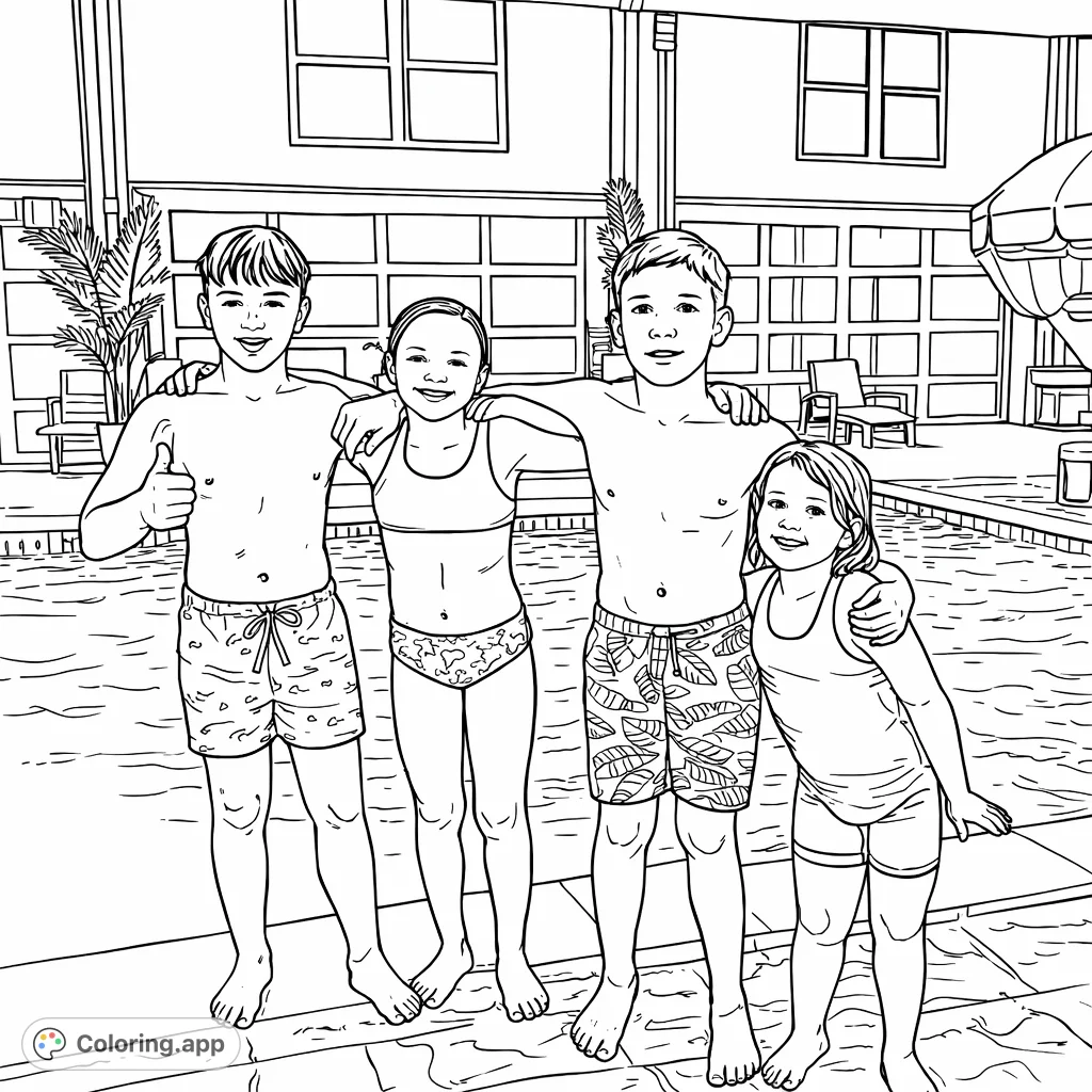 A delightful scene of four happy children standing by an indoor swimming pool, ready for fun. Perfect for a kids' pool party coloring page.