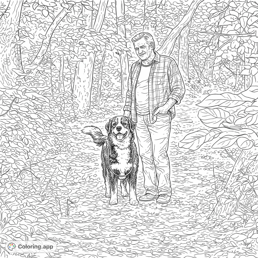 Discover a charming forest walk scene featuring a man and his loyal dog on a nature path, surrounded by trees and abundant foliage.
