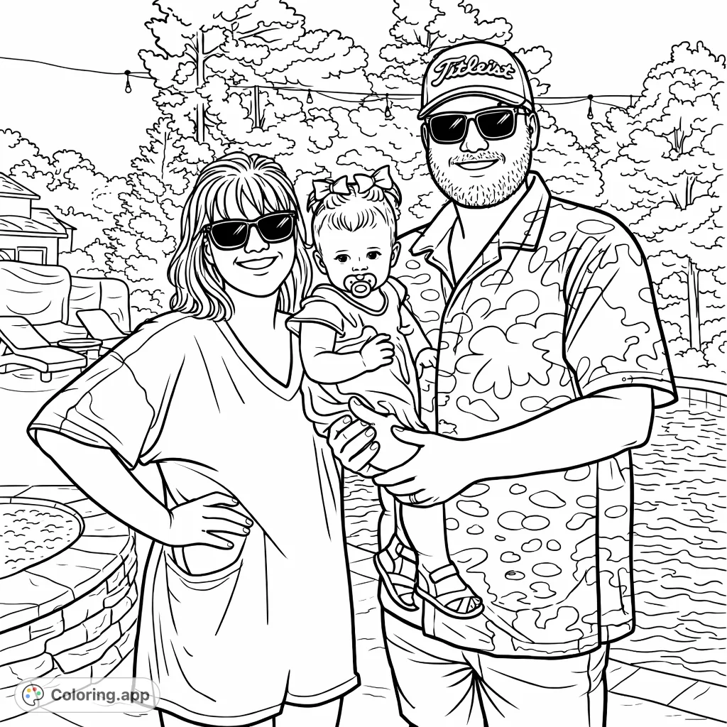 A joyful family poolside gathering featuring a happy couple holding their baby. Lush trees and a refreshing pool complete this cartoony family coloring page.