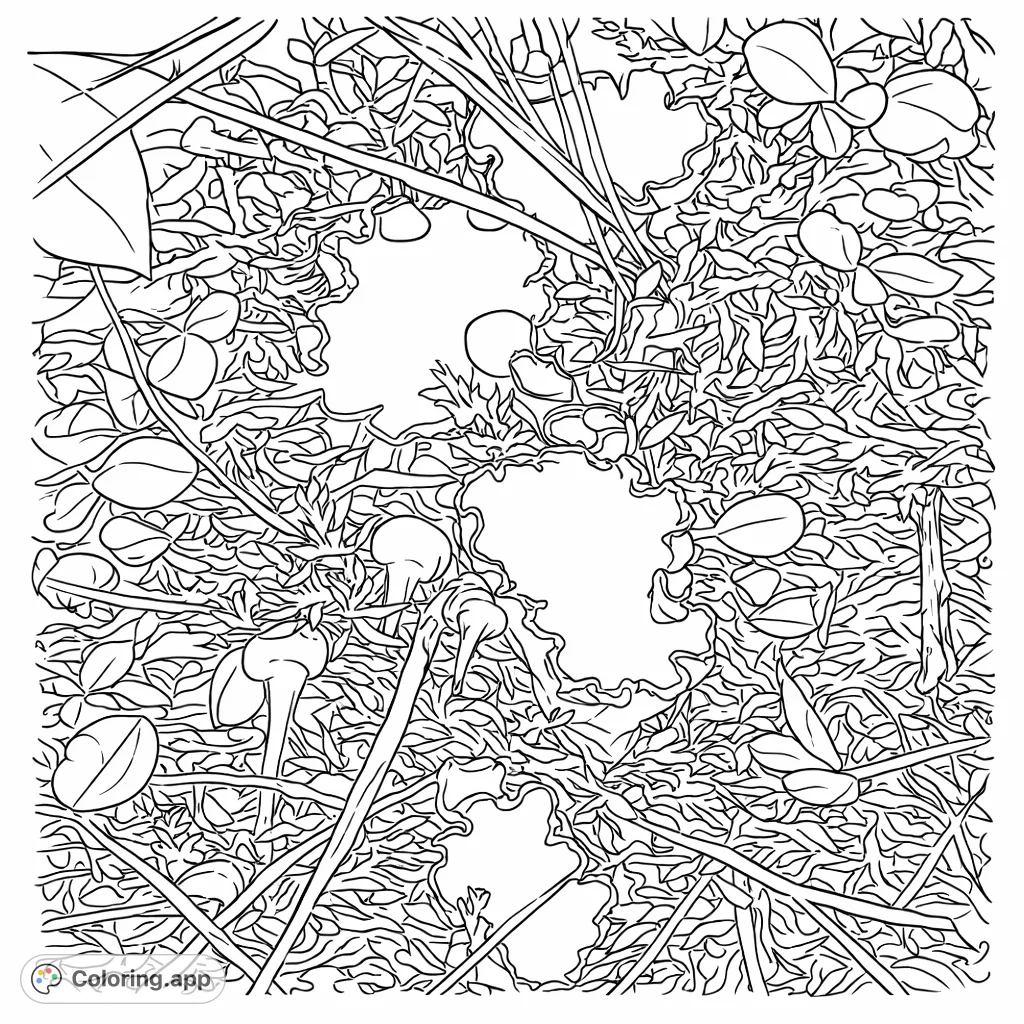 Explore a miniature world of moss, lichen, and tiny plants on this intricate forest floor coloring page. Perfect for nature lovers and detailed coloring.