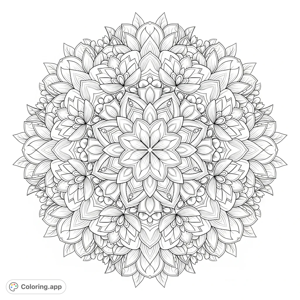 Unleash your creativity with this highly detailed floral mandala coloring page, featuring intertwined lotus and blossom elements for a meditative experience.
