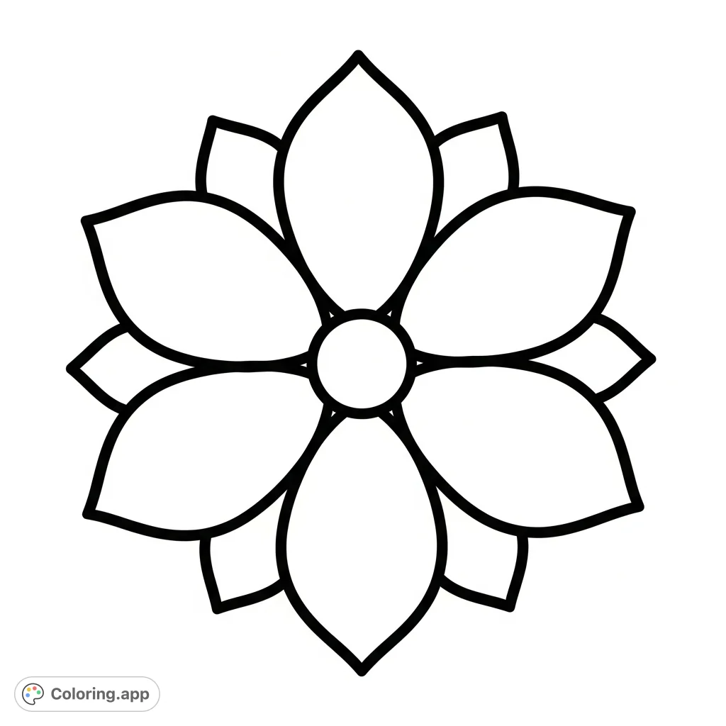 Discover tranquility with this simple lotus mandala coloring page. Featuring large, open petal areas and bold outlines, it's perfect for relaxation and focus.