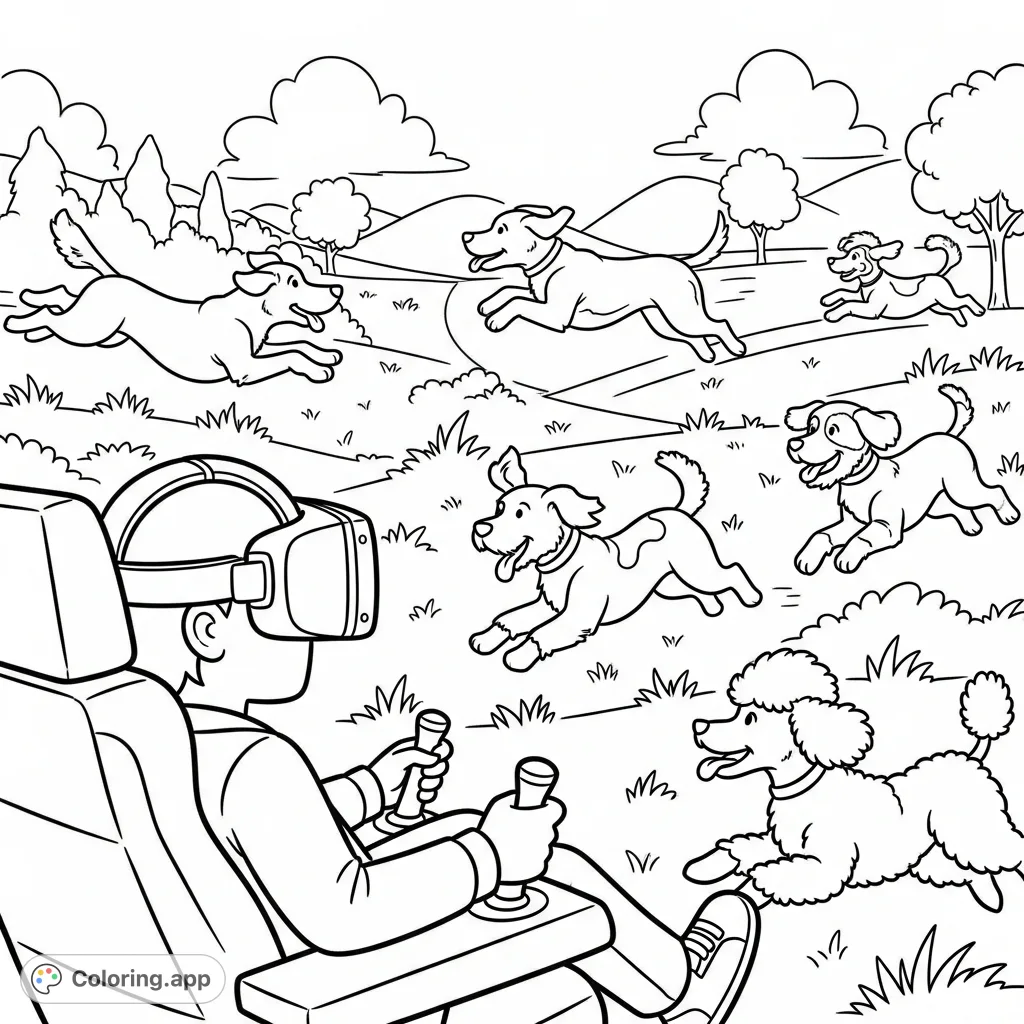 Dive into a virtual world catching playful dogs in a VR simulator. This engaging clip art style coloring page features a VR user and various dogs.