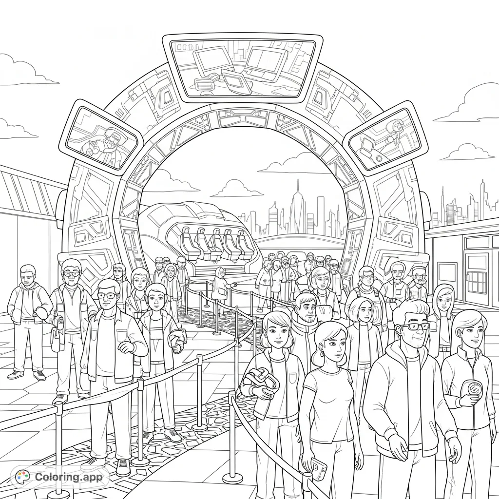 Get ready for adventure! This VR simulator coloring page captures the exciting anticipation of guests waiting in line for a thrilling virtual reality experience.