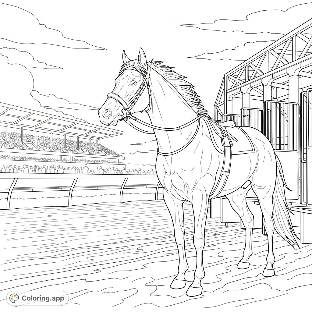 Capture the thrill of the race with this detailed racehorse coloring page, featuring a powerful horse at the starting gate, ready to run.
