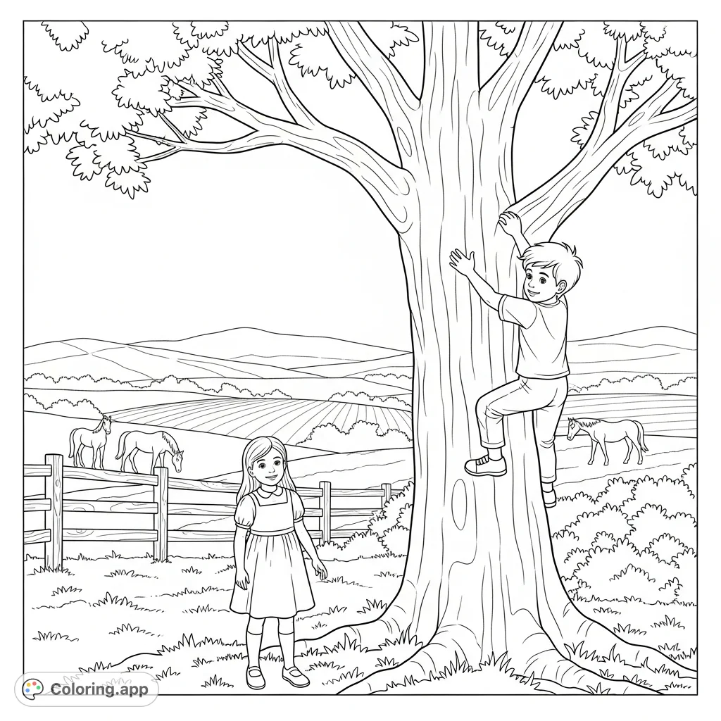 A charming countryside scene featuring a young girl and boy playing near a large tree, with horses grazing peacefully in the distant fields.