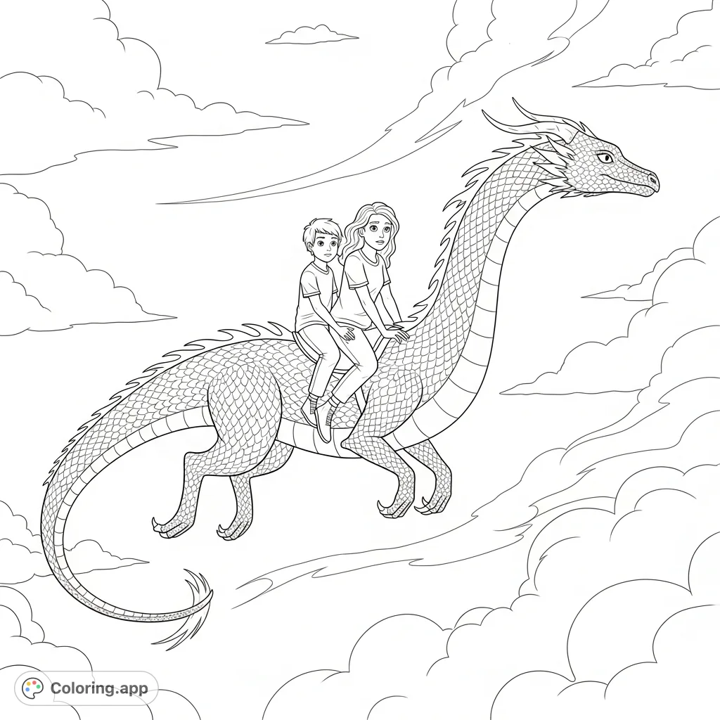 A sleek dragon carries a teenage girl and a younger boy through swirling clouds. A captivating fantasy scene, perfect for imaginative coloring pages and adventure.