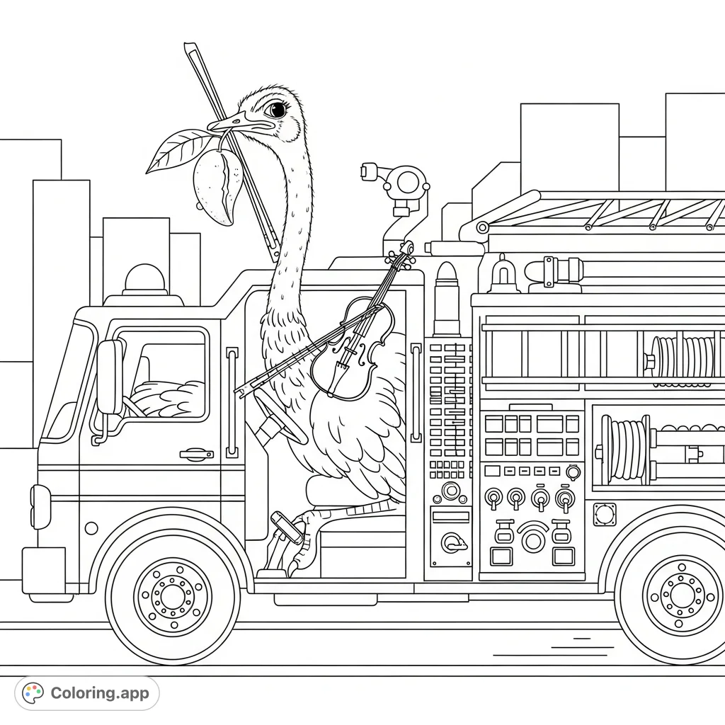 A whimsical scene featuring an ostrich playing a violin and eating a mango while driving a detailed fire truck. A fun, challenging coloring page for unique imaginations.