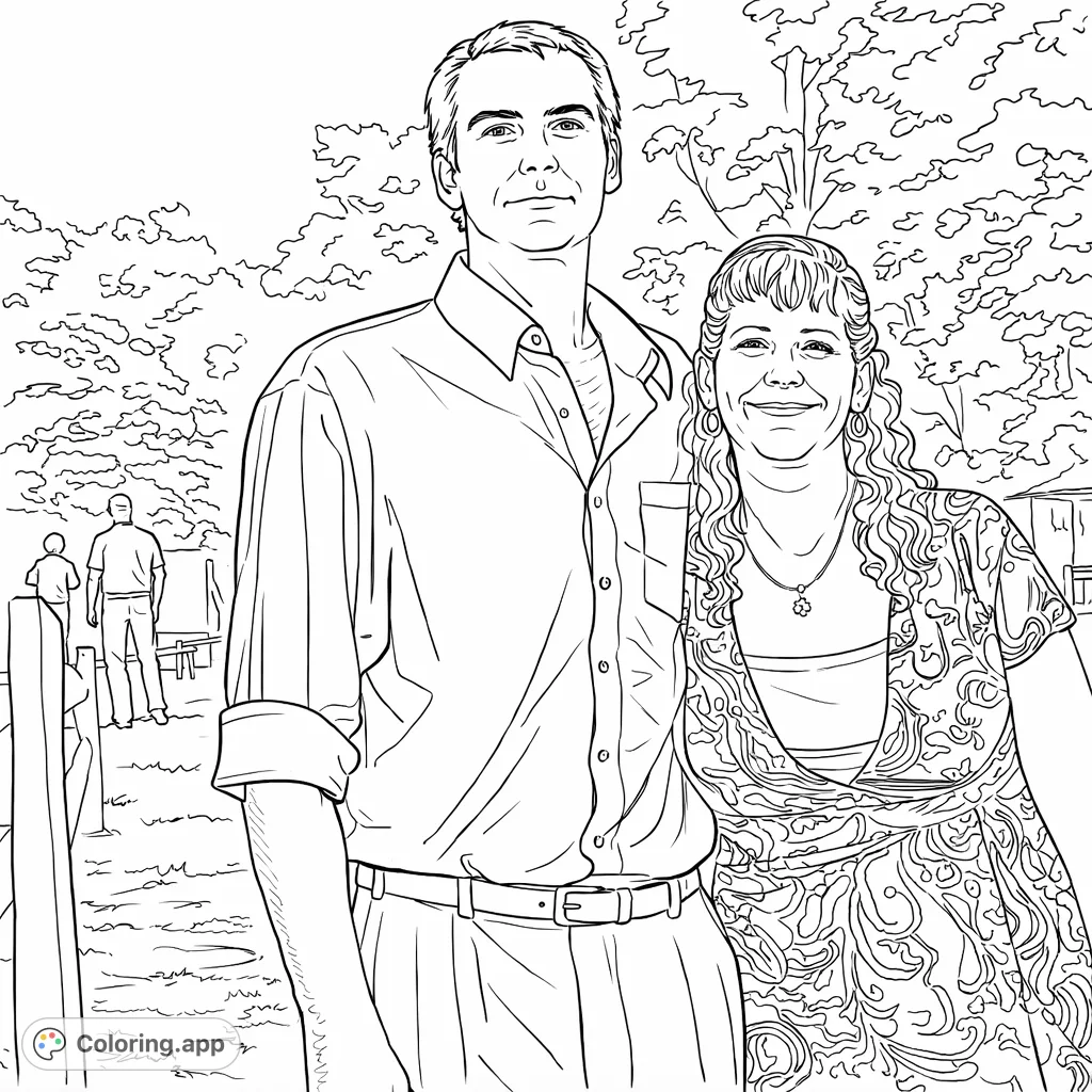 Capture a joyful couple in an outdoor scene, featuring a man in a rolled-sleeve shirt and a woman in a patterned dress, perfect for personalizing.