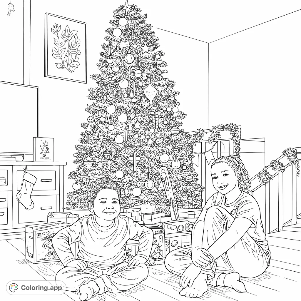 A heartwarming holiday scene featuring two smiling children surrounded by presents under a beautifully decorated Christmas tree, ready for coloring fun.