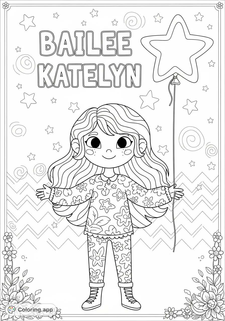 A delightful Bailee Katelyn coloring page featuring a cheerful character with a star balloon, perfect for personalization and celebrating special moments.