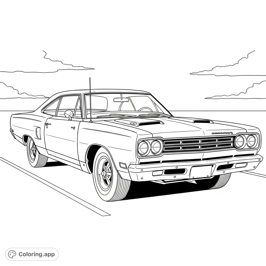 Experience the power and elegance of a classic 1968 Plymouth GTX. This detailed coloring page captures its iconic design, perfect for car enthusiasts.