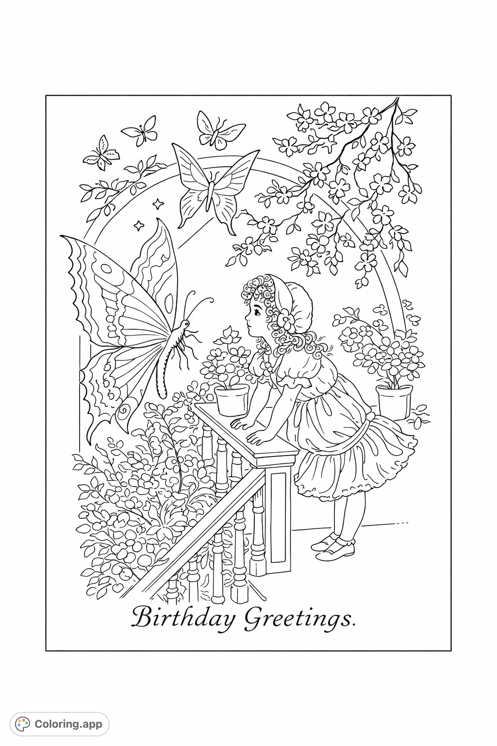 A charming scene of a young girl mesmerized by a grand butterfly, surrounded by flowering plants and graceful insects. A delightful nature-themed coloring page.