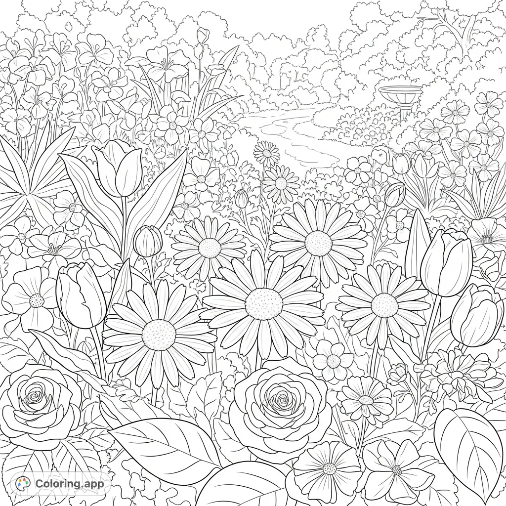 Explore a delightful daisy garden coloring page filled with various mixed flowers. Prominent daisies, roses, and tulips create a beautiful botanical scene.