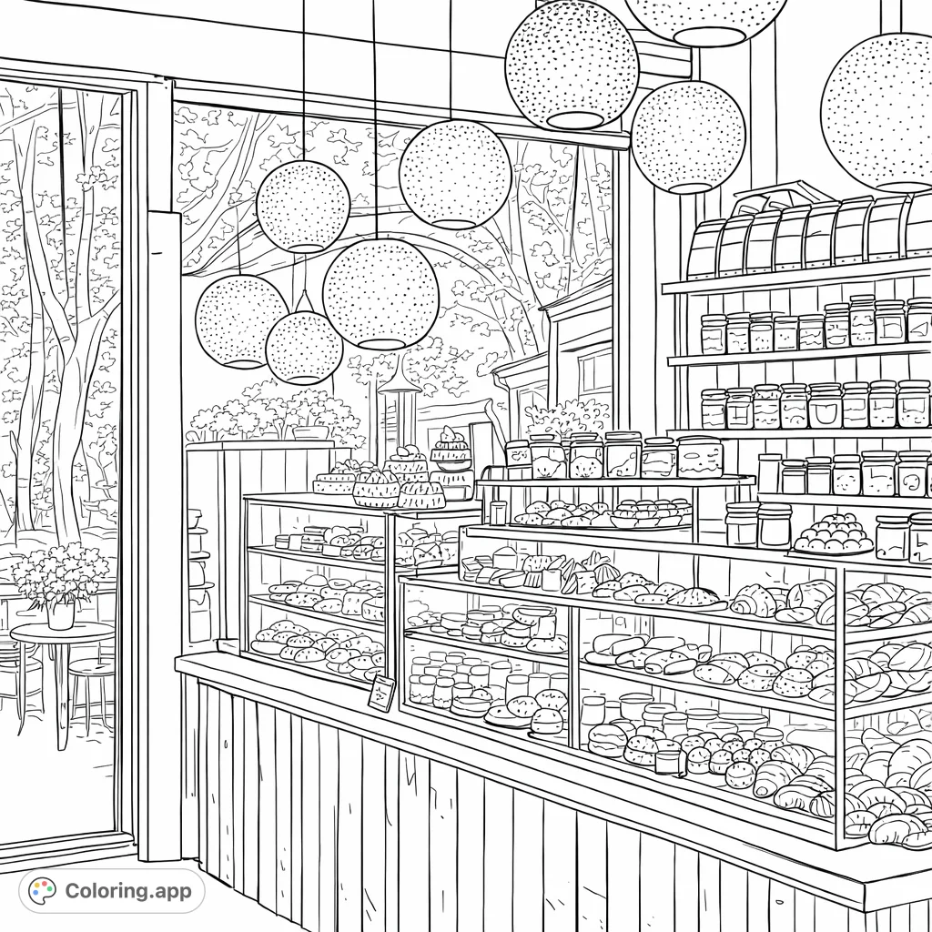 Explore a delightful bakery scene showcasing tempting pastries, shelves of artisanal goods, and patterned pendant lights. A treat for creative colorists!