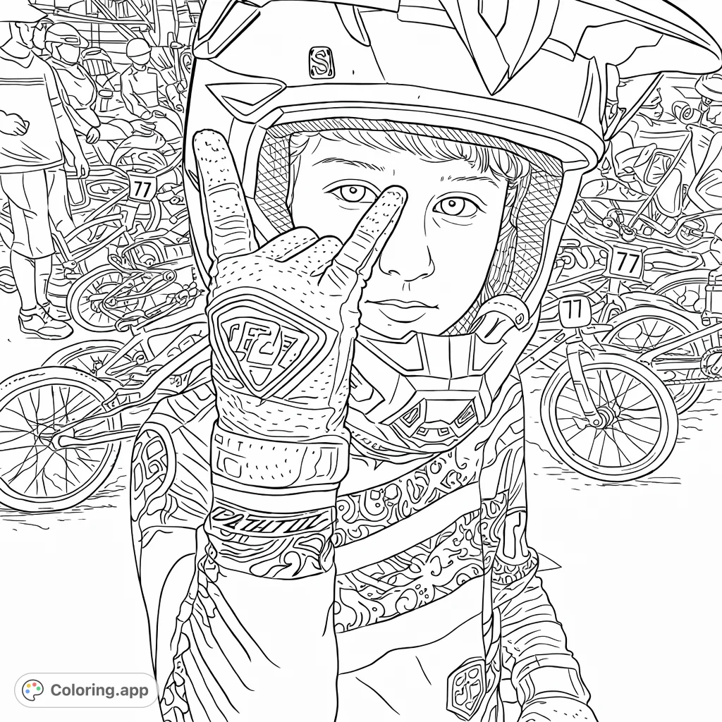 Gear up for an exciting ride! This BMX racer shows his enthusiasm, ready for competition.