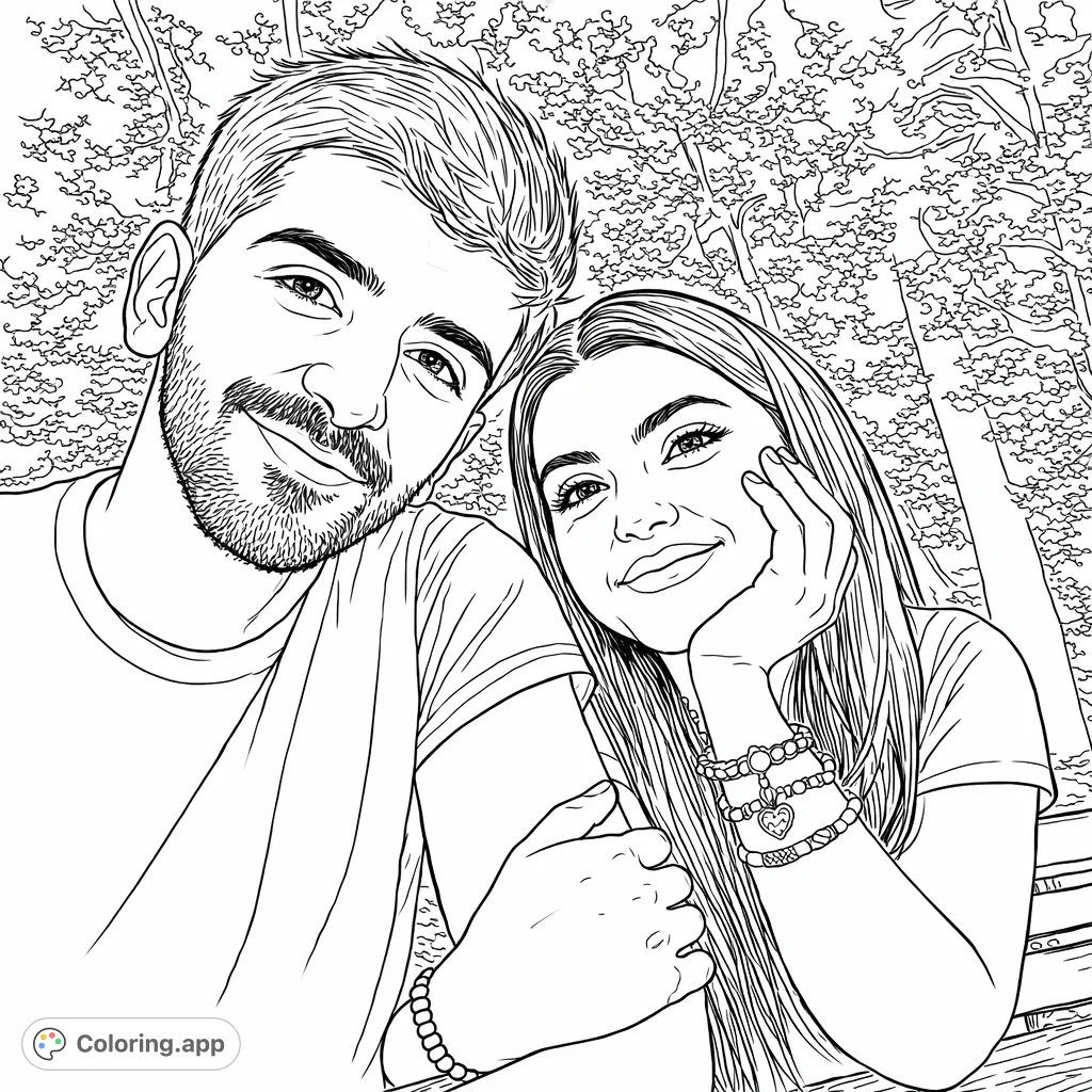Capture a heartfelt moment with this couple portrait coloring page, featuring two individuals smiling in a park setting, adorned with detailed accessories and natural foliage.