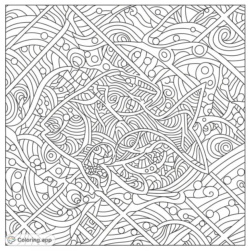 Discover a hidden fish within an intricate pattern of geometric lines, curves, and circles in this unique coloring page. A creative puzzle for all ages.