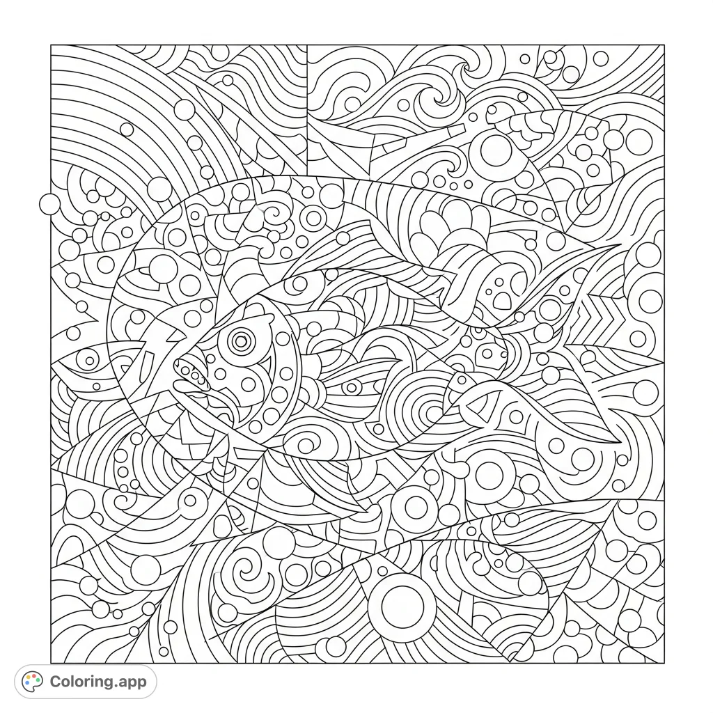 Discover a hidden fish within a captivating abstract ocean filled with intricate geometric lines, curves, and circles. A unique coloring puzzle experience!