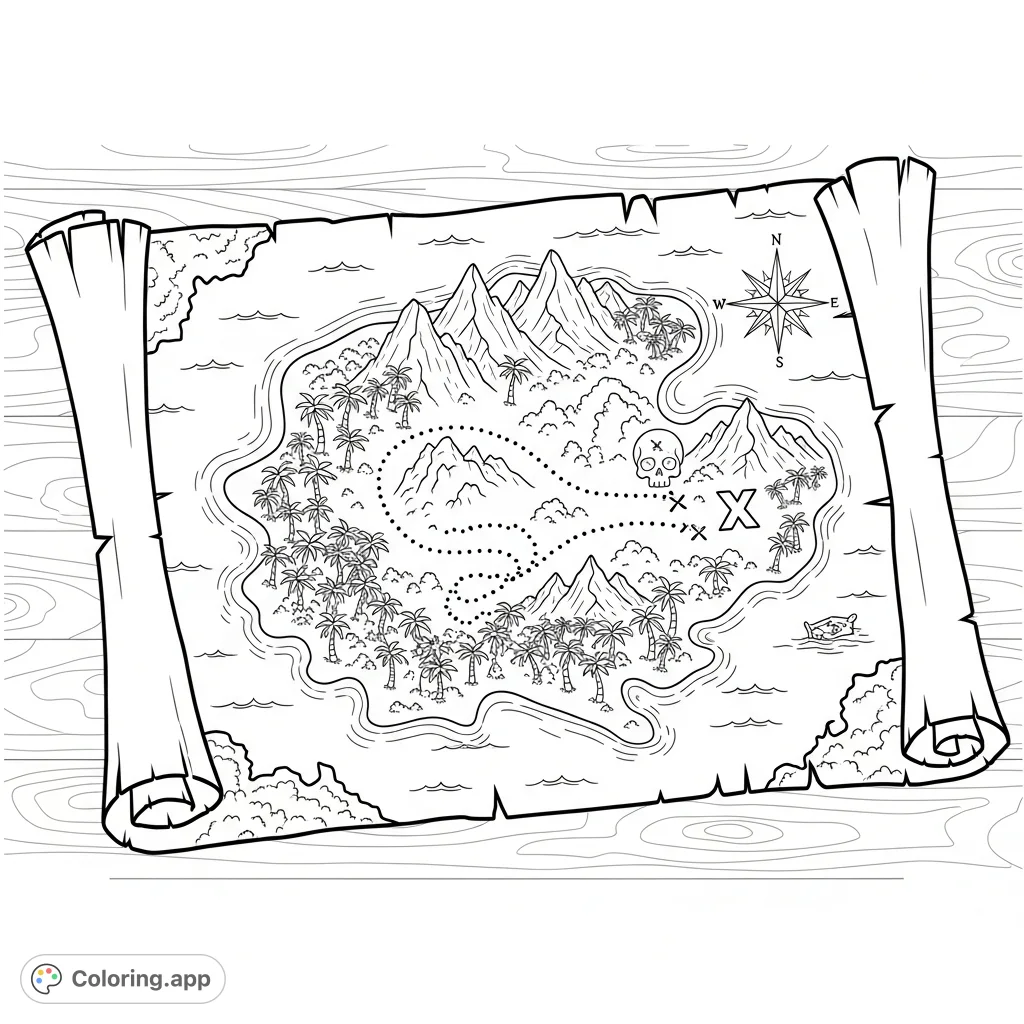 Embark on an adventure with this detailed treasure map coloring page! Discover islands, ships, and an 'X' marking the spot.