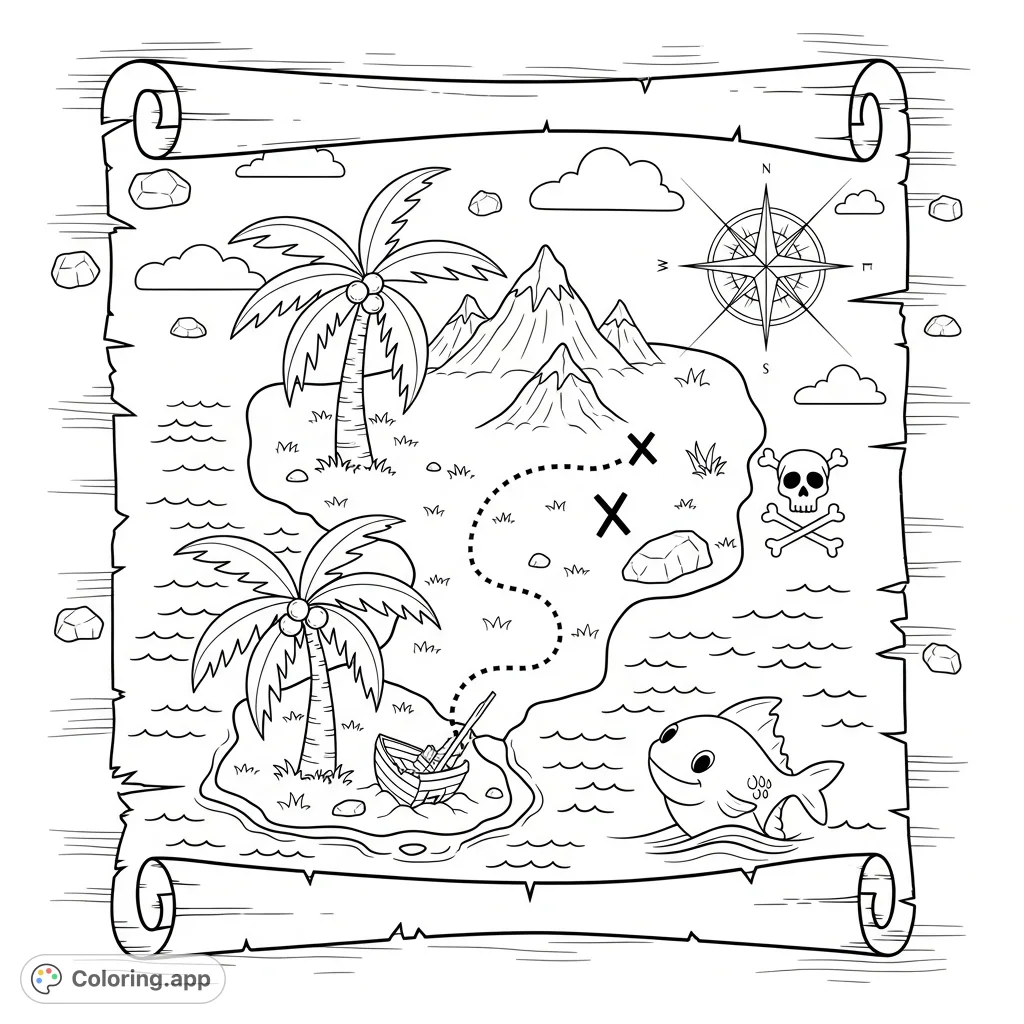 An exciting treasure map for kids featuring a mysterious island, X marks the spot, a compass rose, and playful pirate elements for endless coloring fun.