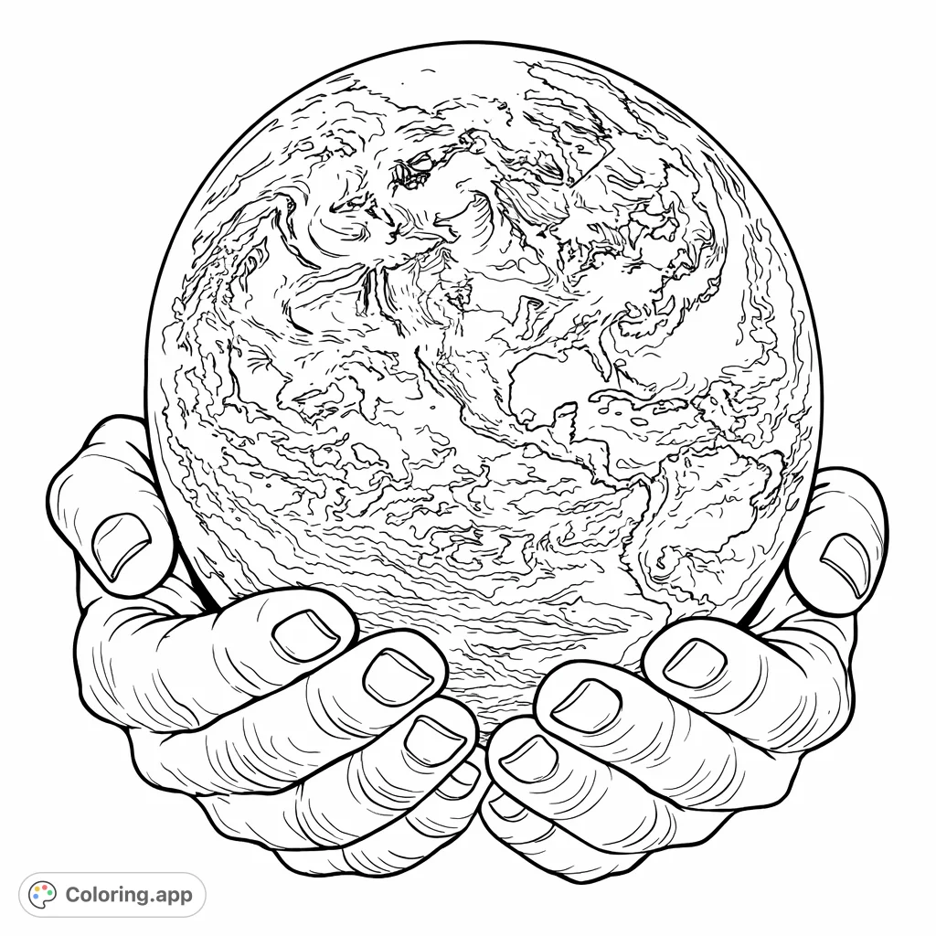 Color a symbolic scene of hands cradling the Earth, featuring detailed continents, oceans, and clouds. A meaningful depiction of care for our world.