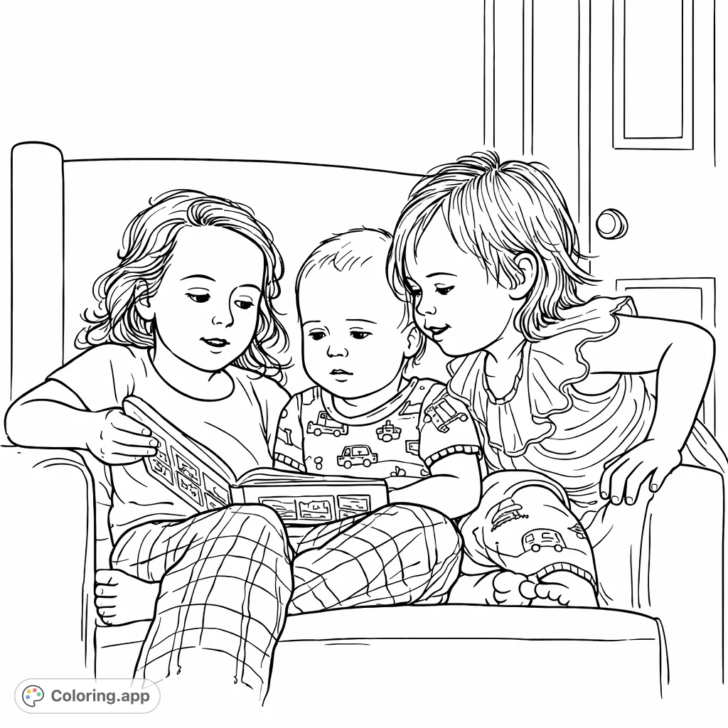 A heartwarming scene of three siblings engrossed in a storybook, sharing a special moment of imagination and togetherness. A delightful family coloring page.