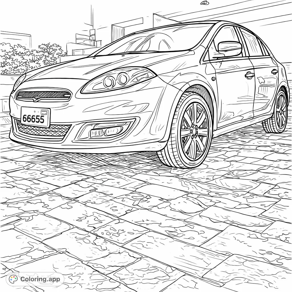 Immerse yourself in this cartoony car coloring page. A detailed, free printable sedan parked on tiles, inviting creative shading for kids and adults.