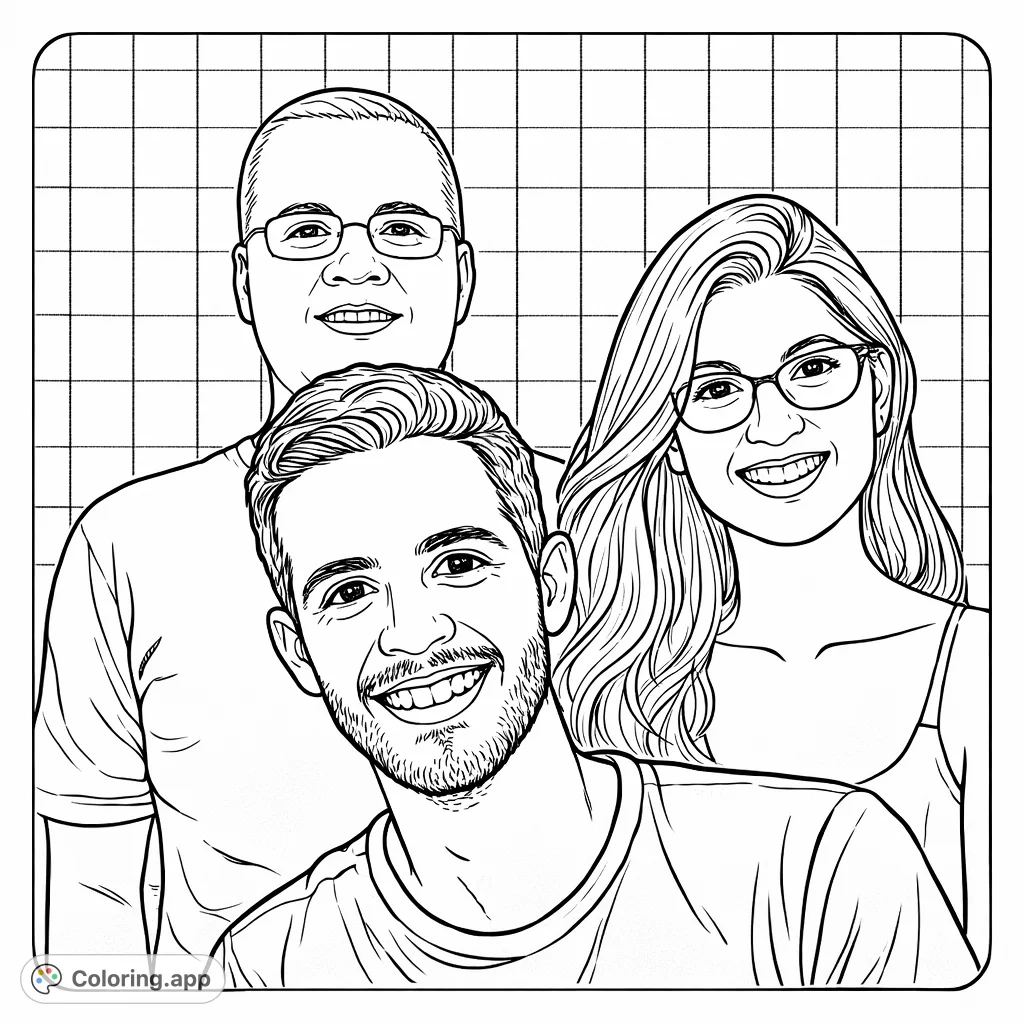 A charming vintage-style family portrait coloring page with moderate detail and a grid background, capturing three smiling faces in an engaging design.