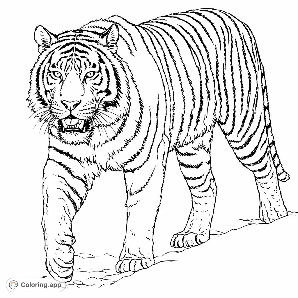 Color this majestic striped feline as it walks through a serene snowy landscape. Focus on intricate fur textures and powerful form.