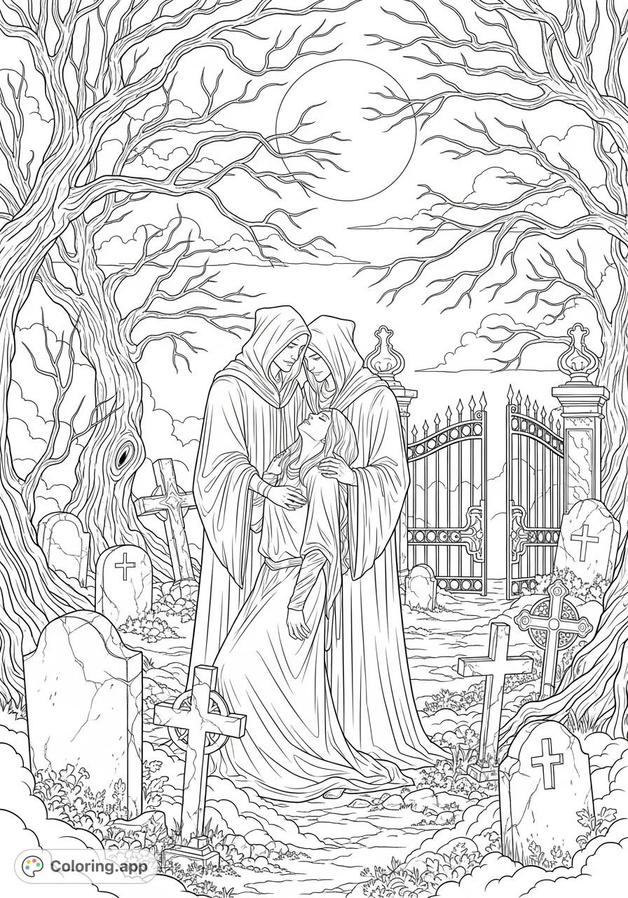 An enchanting scene of forbidden love in a moonlit graveyard, featuring two figures locked in an intimate embrace amidst gravestones and gnarled trees.